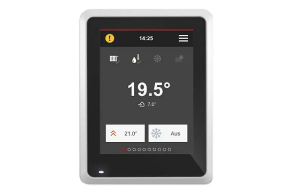 Roth Raumregler mit digitalem Display zeigt aktuelle Temperatur von 19,5 °C sowie Möglichkeiten zur Temperaturregelung und Statusanzeige an.